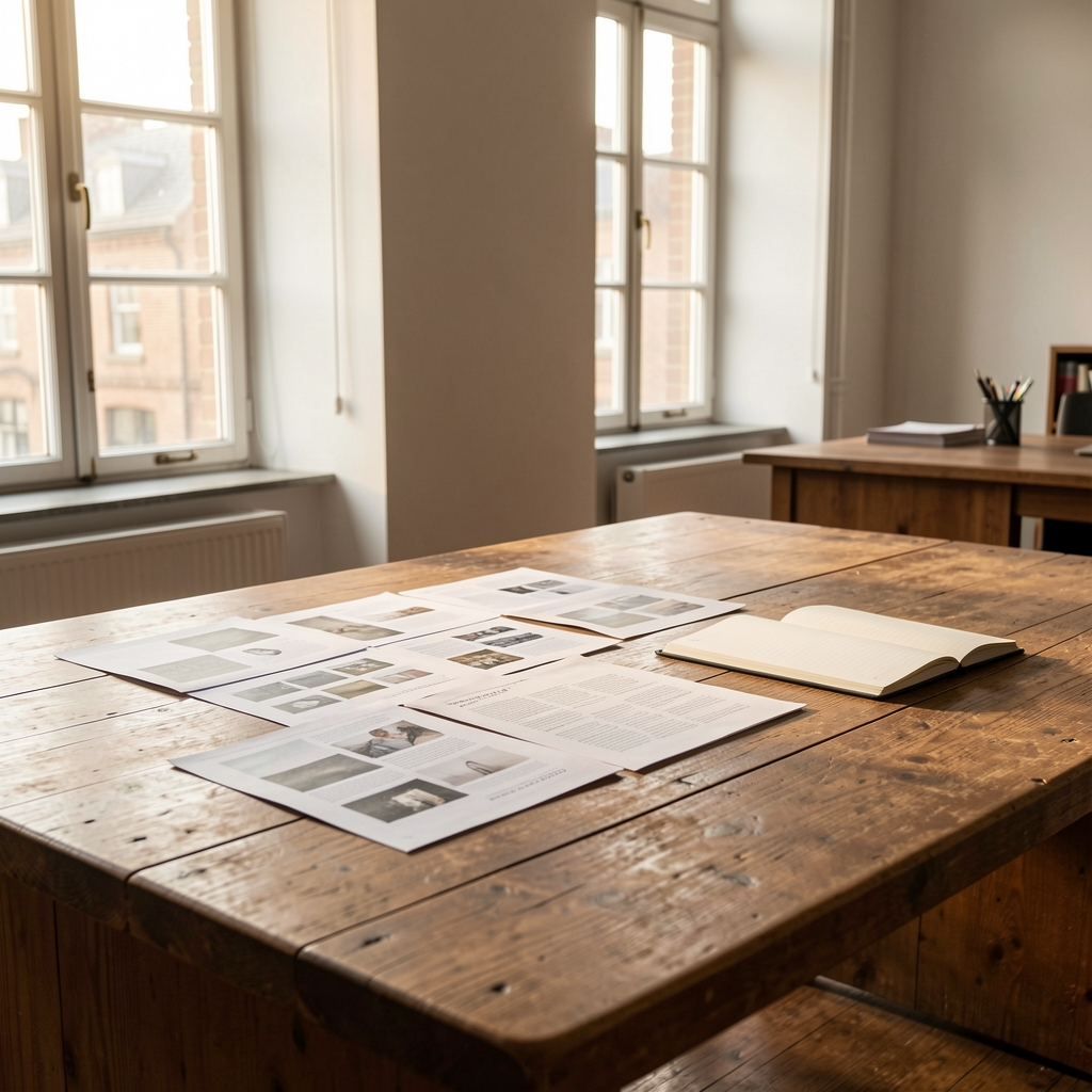 Calm editorial workspace with a large wooden desk, scattered printed reference pages, an open notebook, and afternoon light coming through tall windows