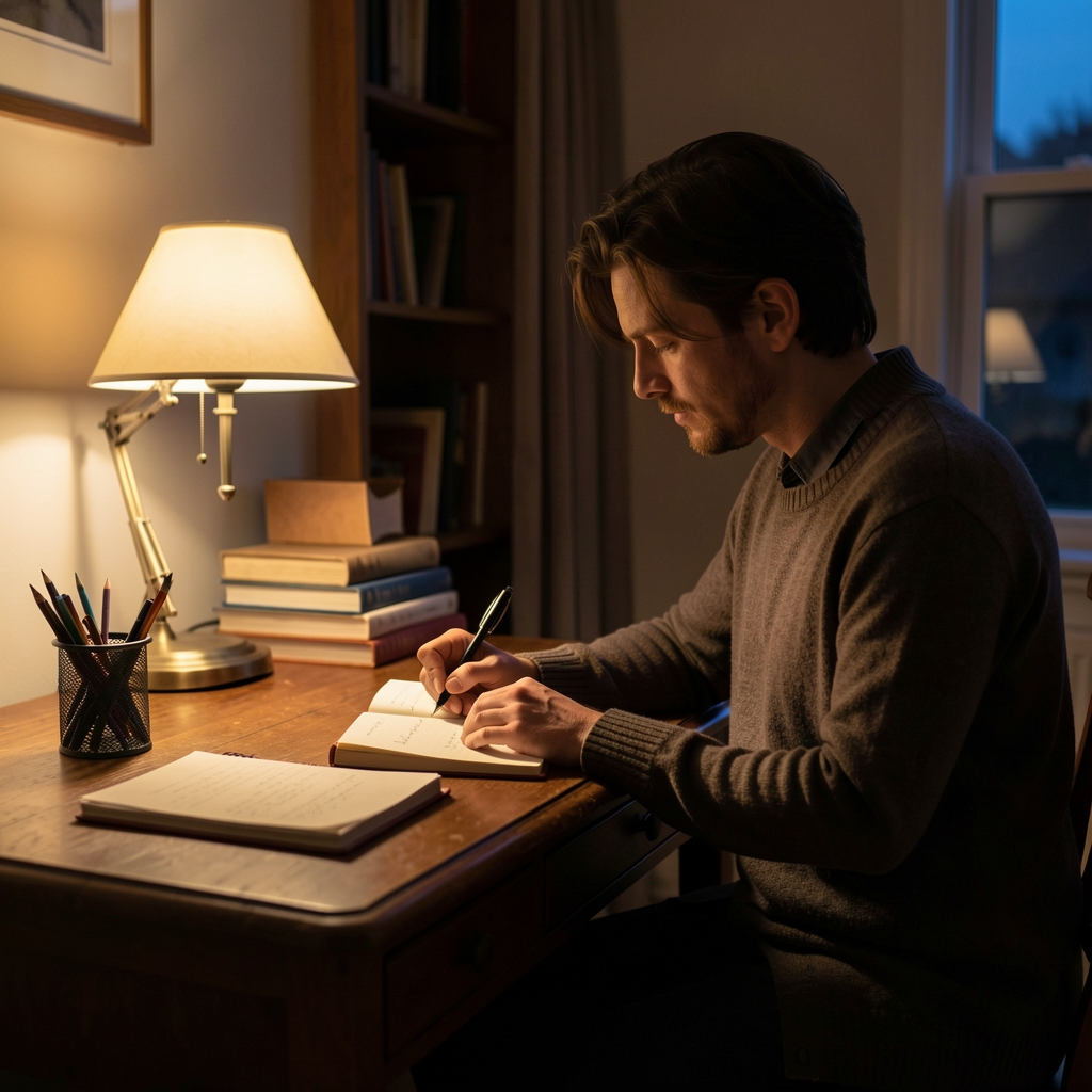 Person sitting at a dimly lit wooden desk writing in a journal late in the evening, warm tungsten lamp light, quiet domestic interior