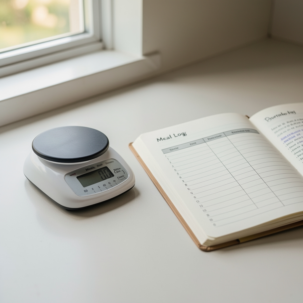 Close-up of a small kitchen scale on a clean countertop beside a notebook open to a meal log page, natural morning light from a nearby window