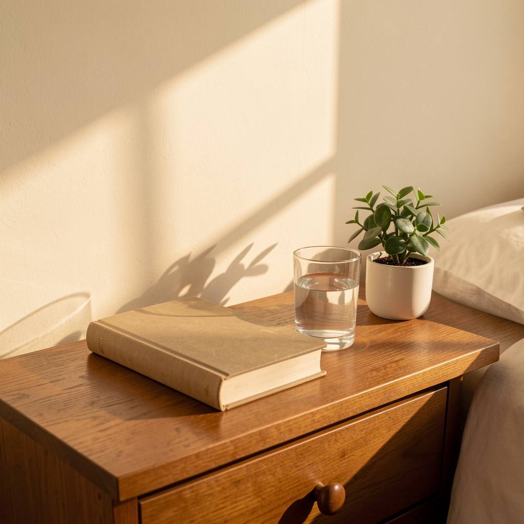 Early morning light across a wooden bedside table with a closed journal, a glass of water, and a small plant, soft natural shadows on warm cream walls