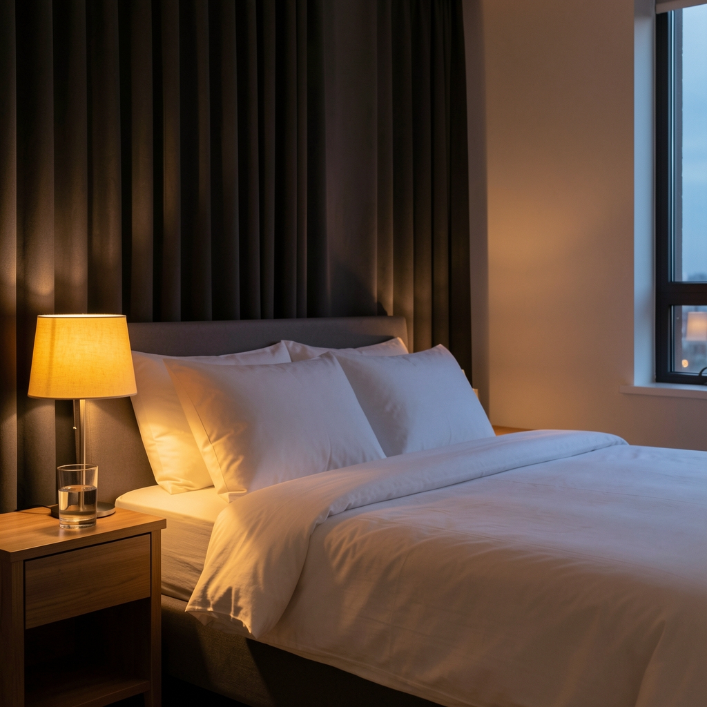 Quiet bedroom at dusk with blackout curtains drawn, a beside lamp casting warm amber light over a neatly made bed and a glass of water on the nightstand