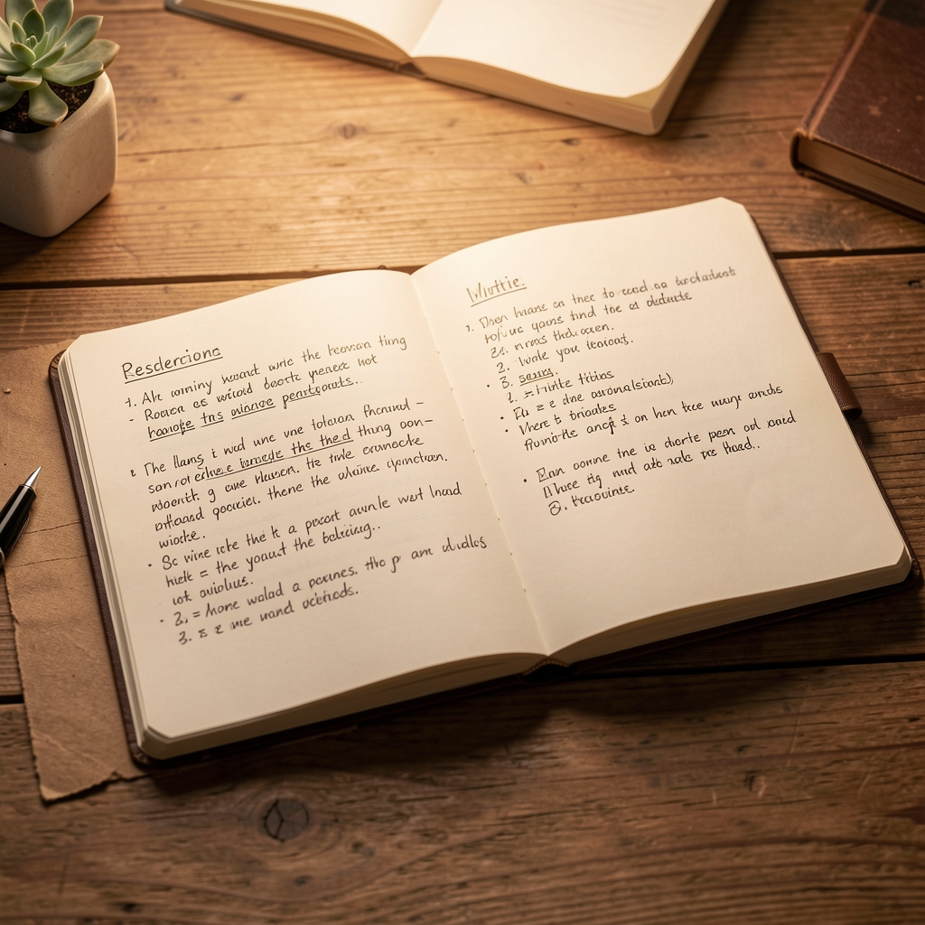 Open notebook on a wooden desk with handwritten research notes under warm studio lighting
