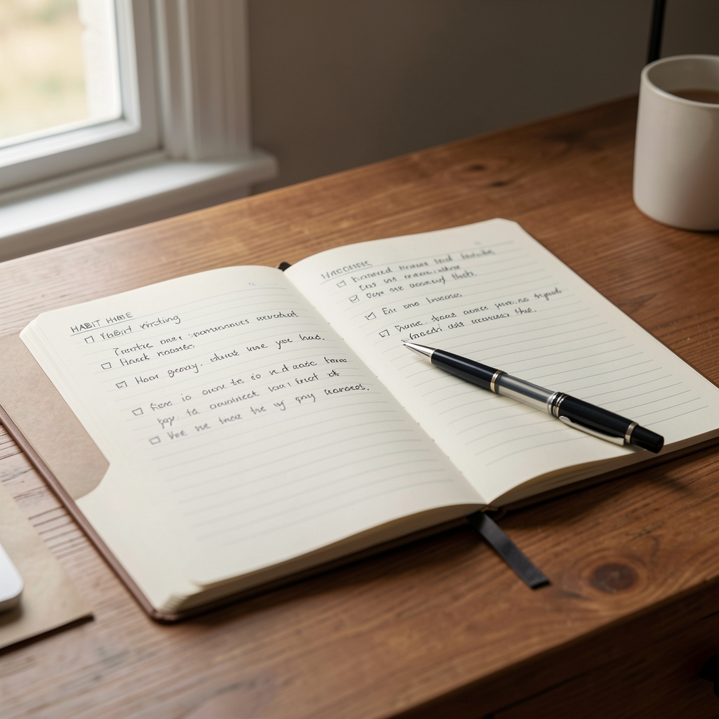 Open notebook with handwritten habit tracking entries on a wooden desk, a pen resting on the page, soft daylight from a window to the left